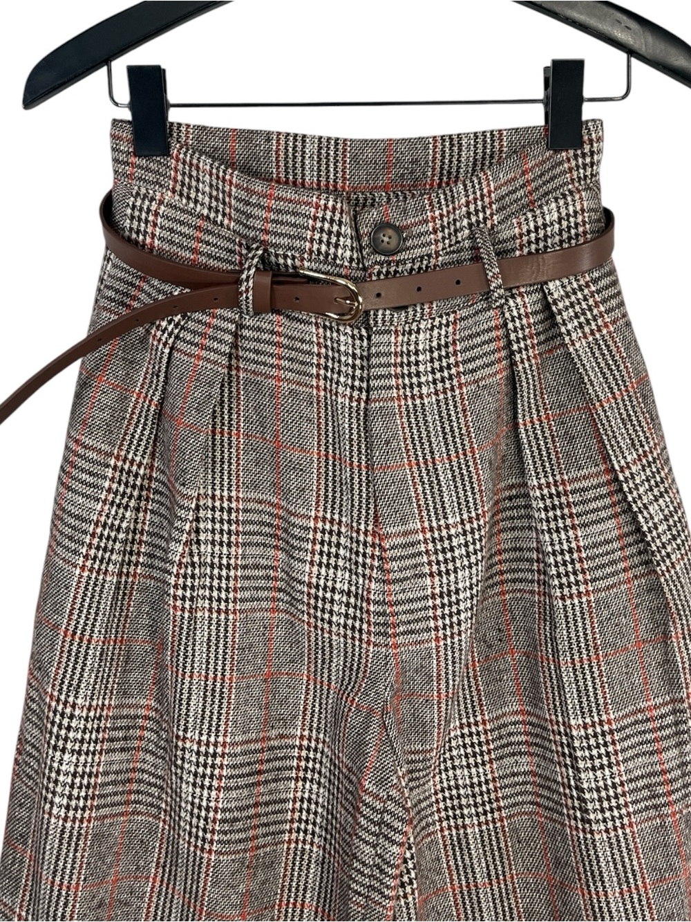 NWT Commense Belted Plaid High-Waisted Pants in Brown Size XS - Picture 5 of 9